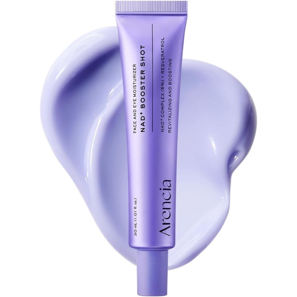 Arencia NAD+ Time-Rewind Booster Shot 30ml tube with lavender cream swatch