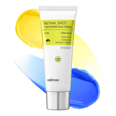 Celimax The Vita-A Retinal Shot Tightening Dual Cream 50ml tube with yellow and blue creams on white background