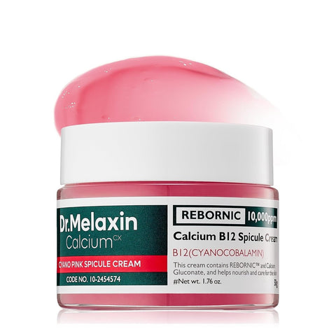 Dr.Melaxin Cyano Pink Spicule Cream 50g jar with pink B12 cream on white background