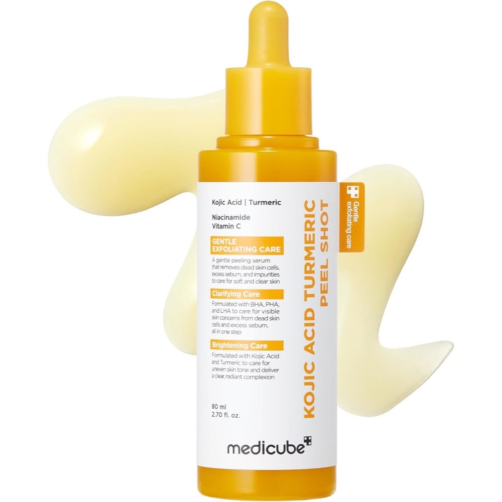 Medicube Kojic Acid Turmeric Peel Shot 80ml bottle with gel texture swatch