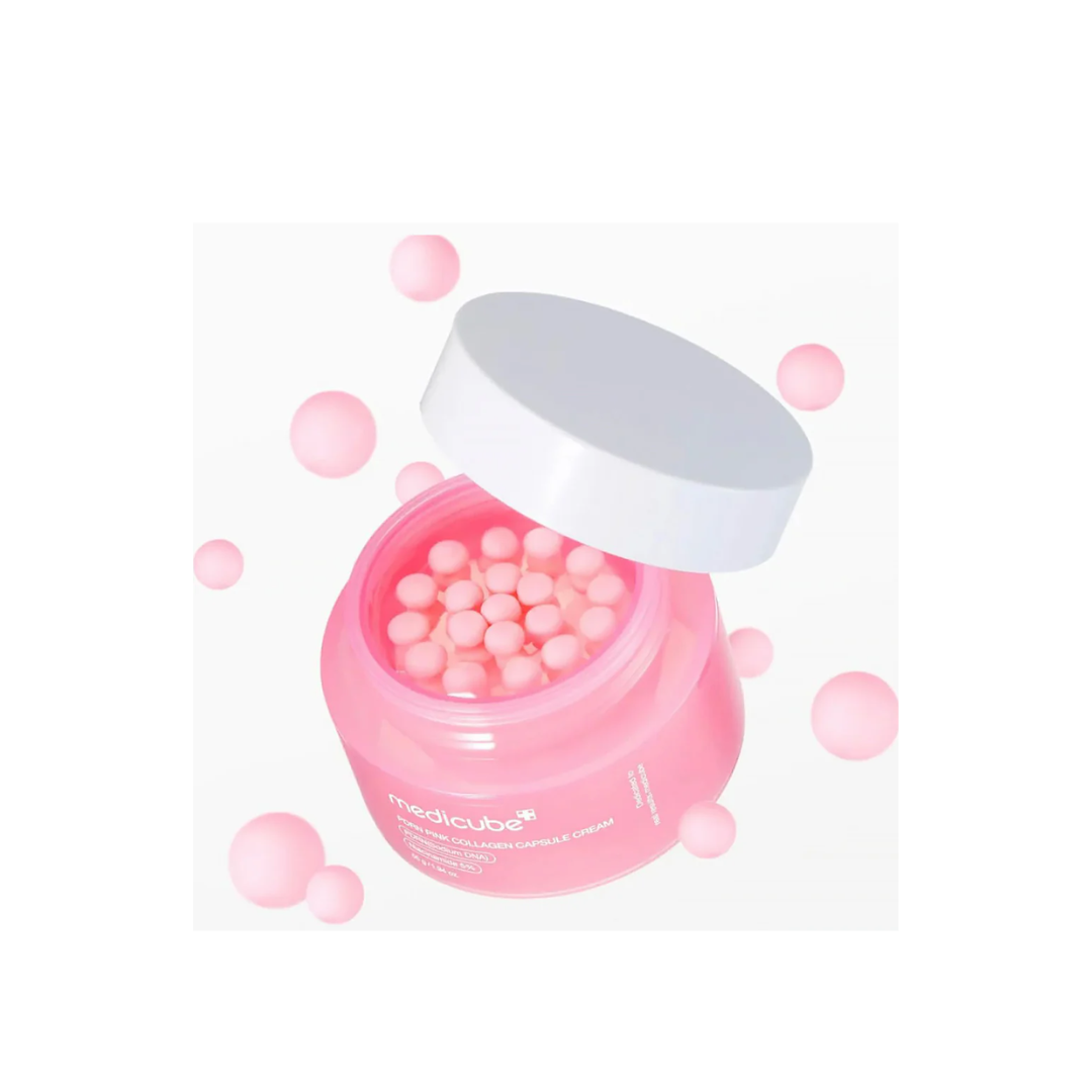 Medicube PDRN Pink Collagen Capsule Cream jar, open showing pink collagen capsules